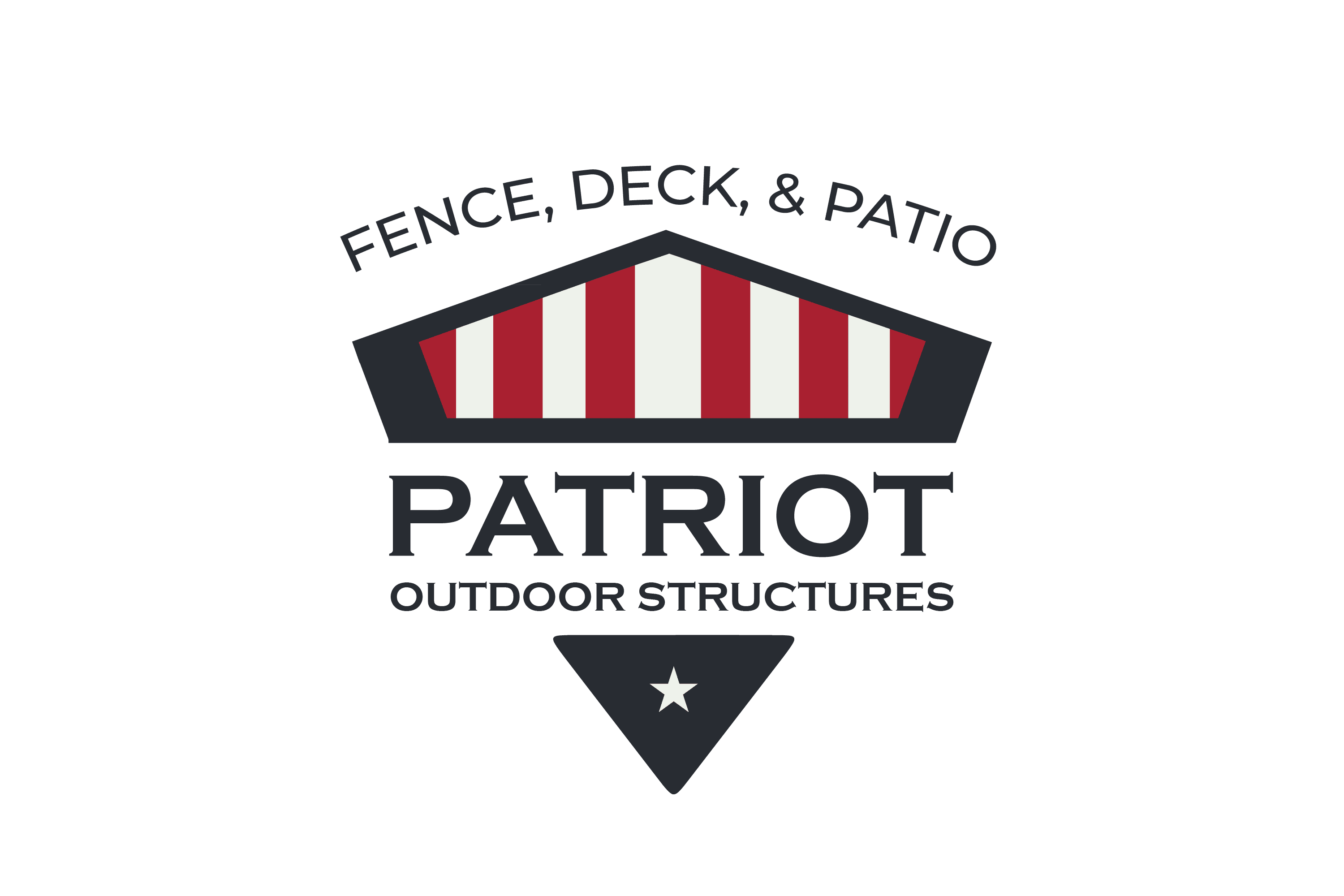 Company logo for Patriot Outdoor Structures featuring a shield emblem with red and white stripes and a star.