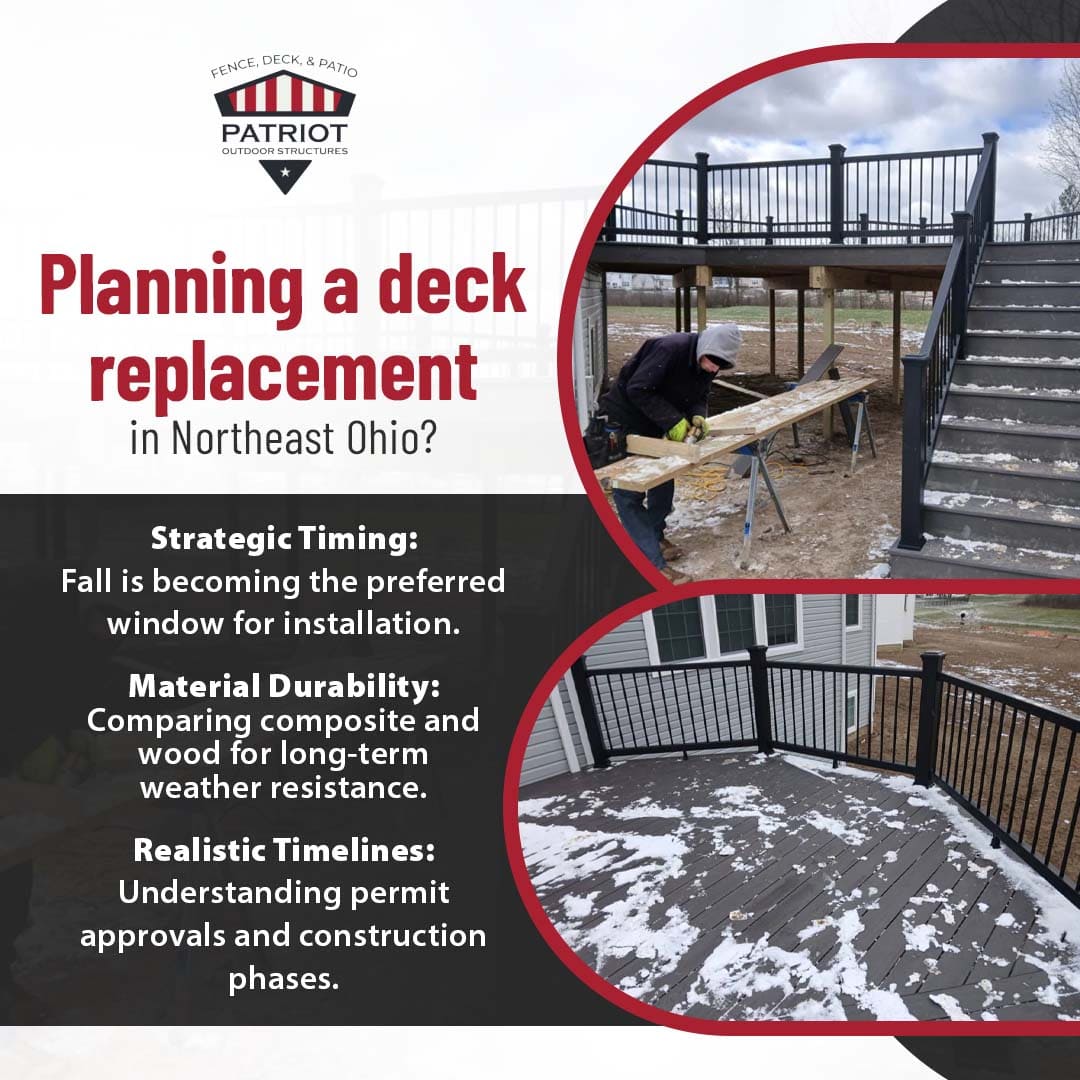 Deck replacement project in Northeast Ohio showing composite decking installation during winter conditions
