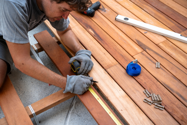A person wearing work gloves uses a tape measure and pencil to mark a wood deck board during installation. A level, drill, strap, and fasteners are visible on the surrounding boards.
